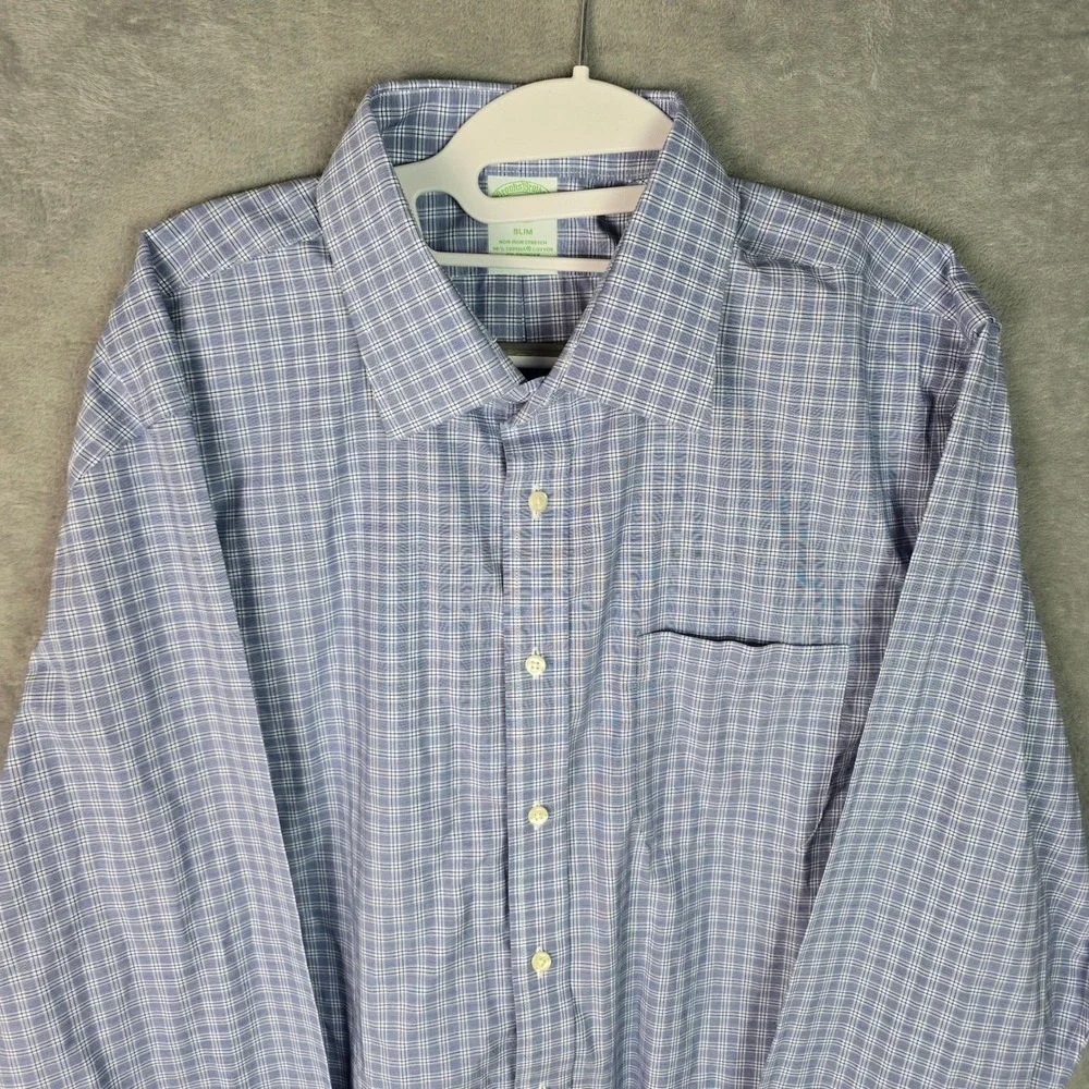 Brooks Brothers Mens Slim Fit Non-Iron Stretch Plaid Dress Shirt Blue‎ 17-34